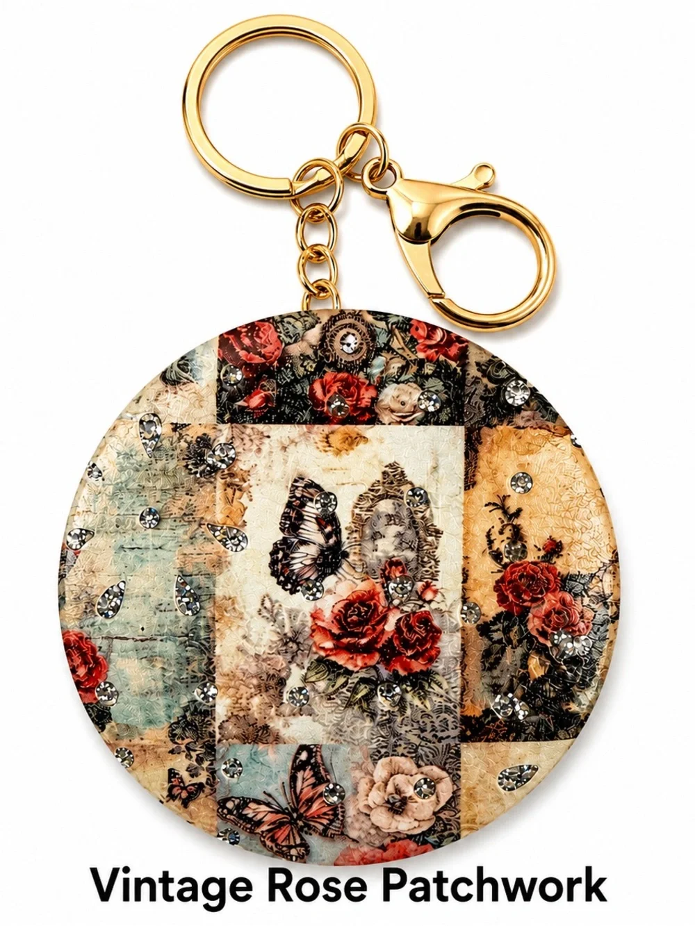 Floral Butterfly Rhinestone Compact Mirror Keychain Gold Tone